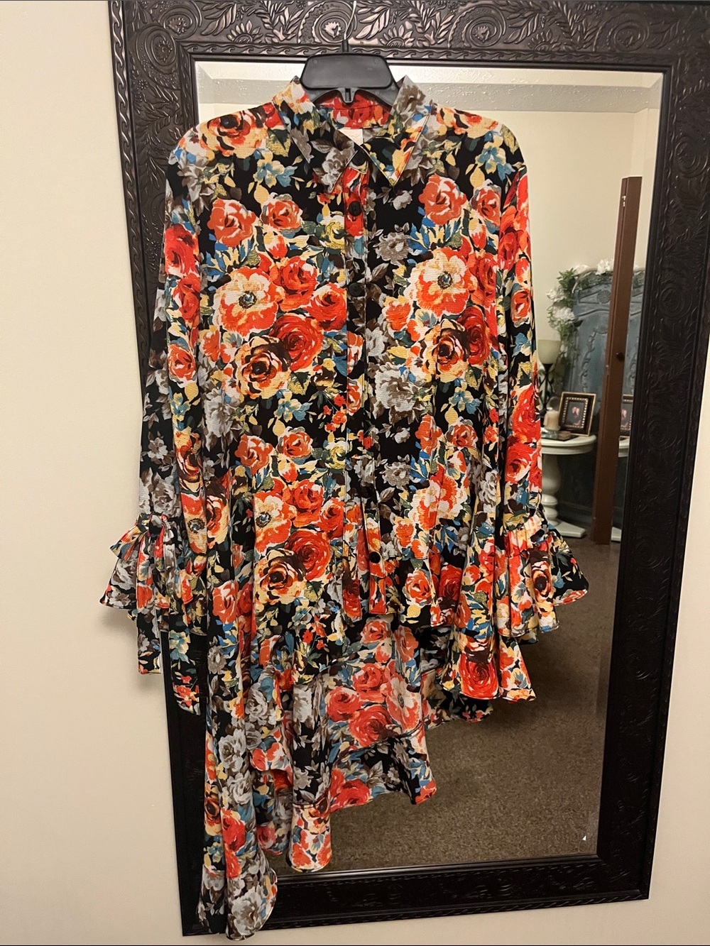 Zadie Bs XL Floral Ruffle Hem Button-Up Top - Black with Red Floral
